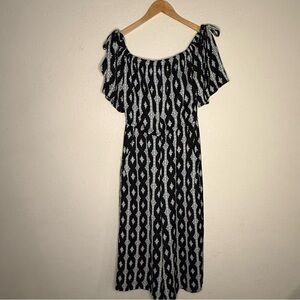 A.U.W. On/Off Shoulder Jumpsuit Black/White Print Wide Leg Bows Women’s Size 10